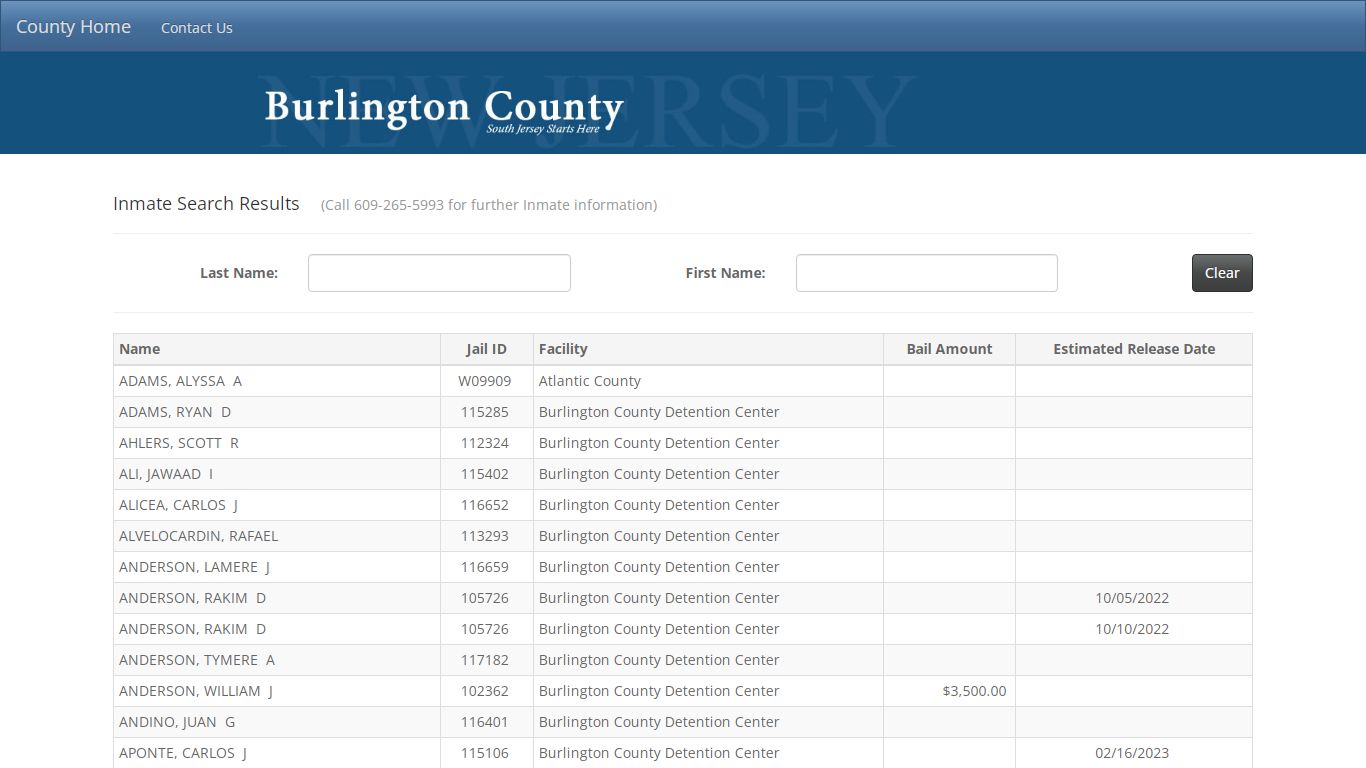 Inmate Search Results - County of Burlington